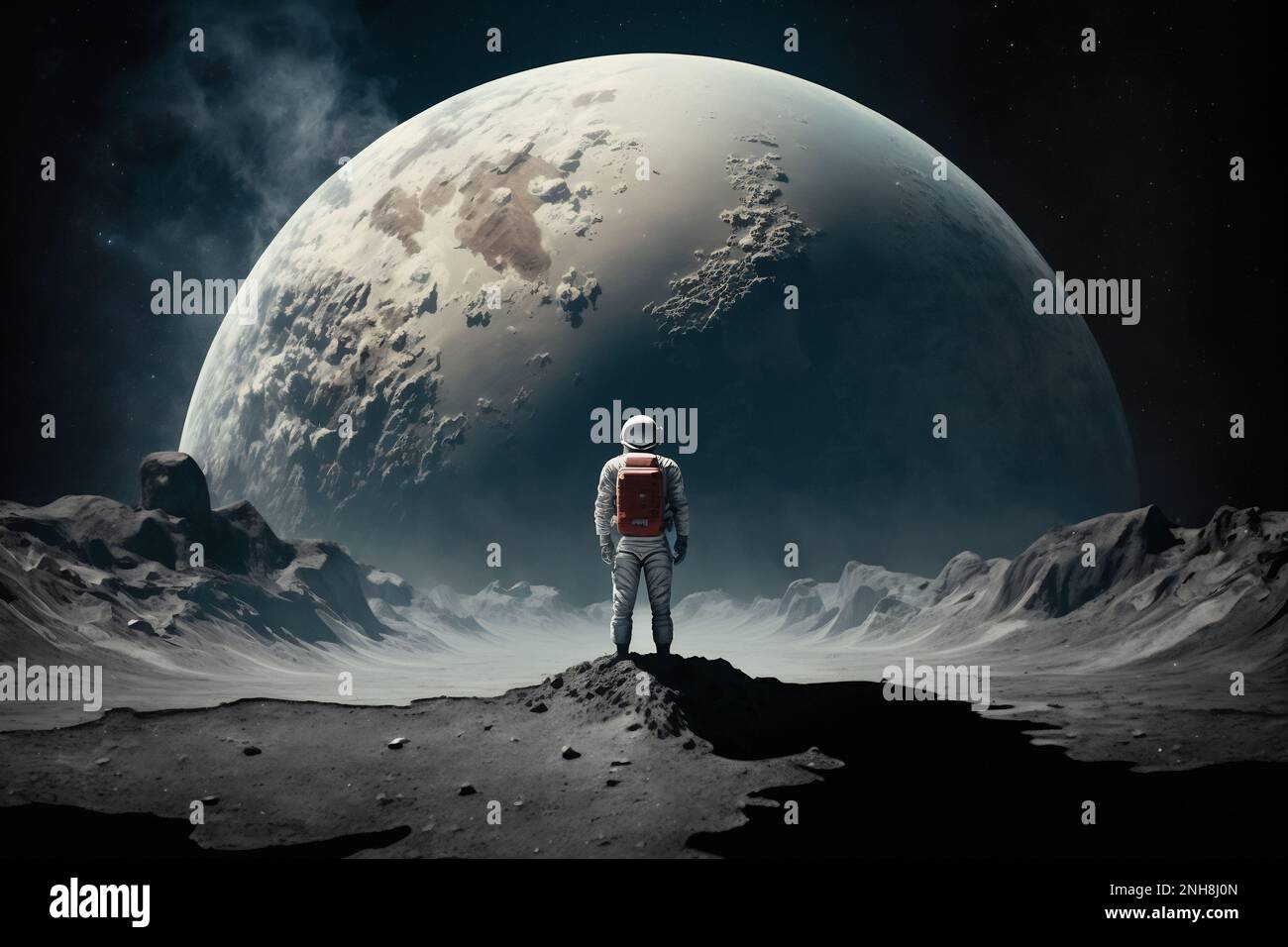 An Astronaut standing on the moon looking at a large earth like
