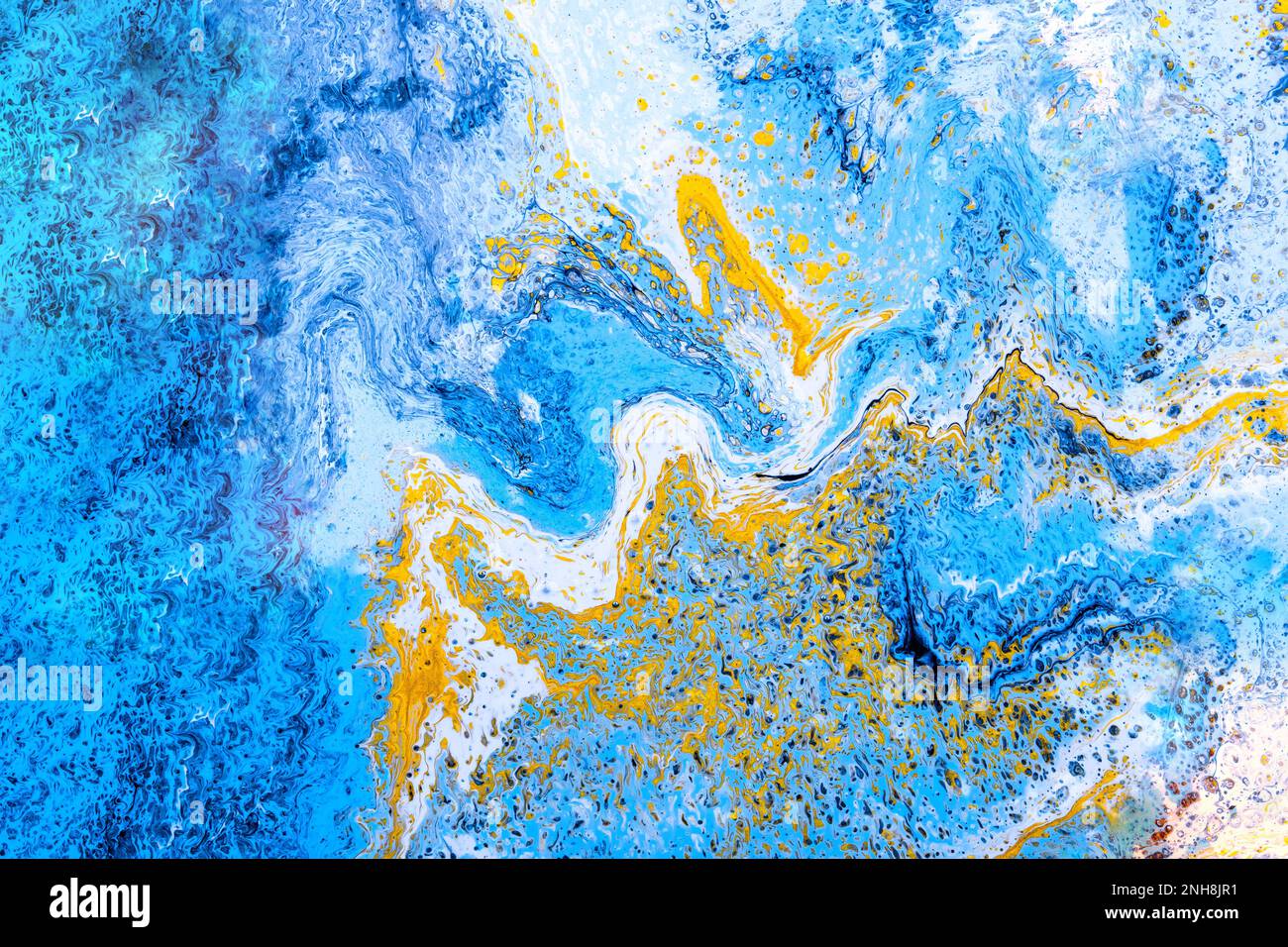 Abstract fluid art background light blue and gold colors. Liquid marble