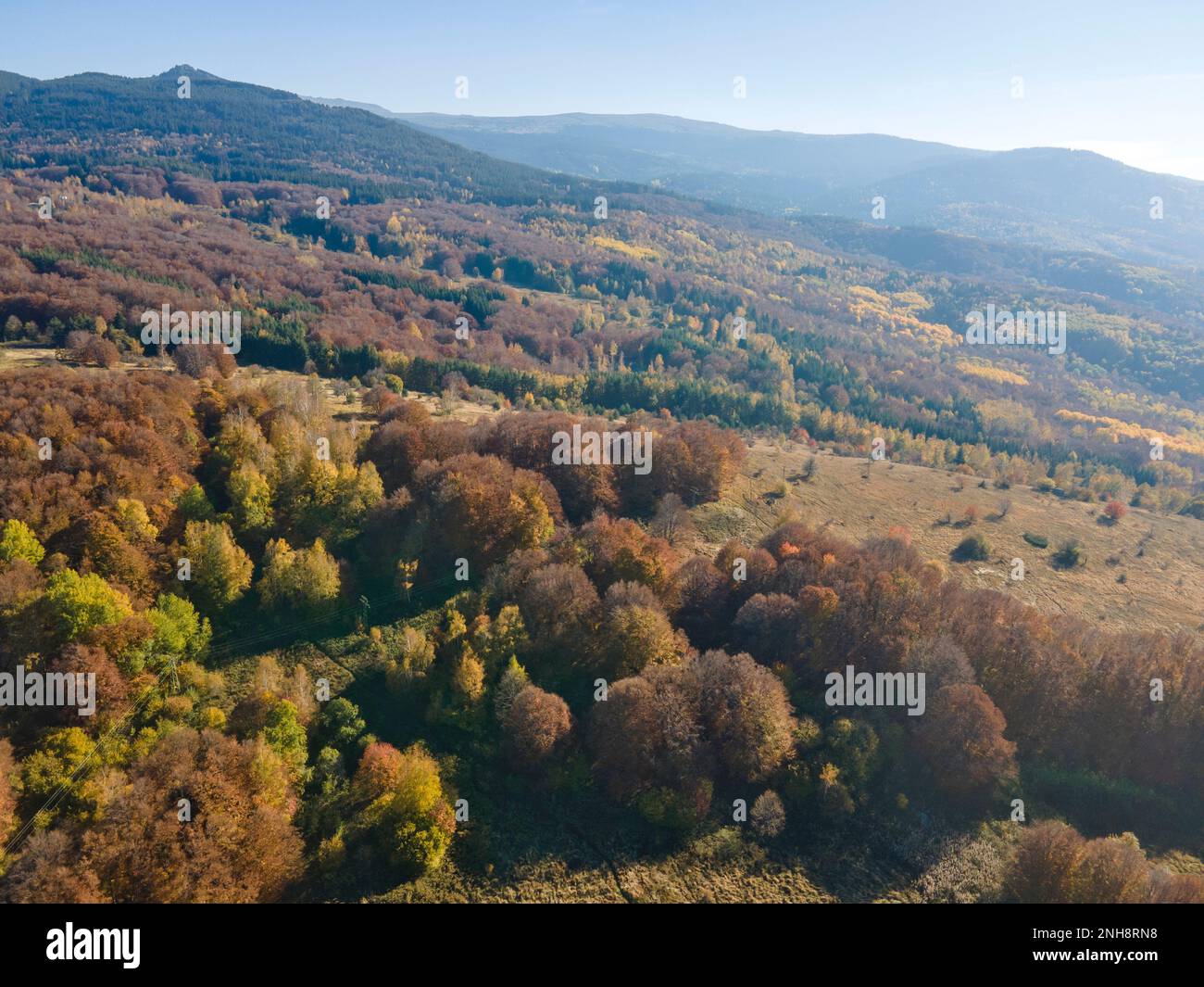 Amazing Aerial Autumn landscaape of Vitosha Mountain, Sofia City region, Bulgaria Stock Photo