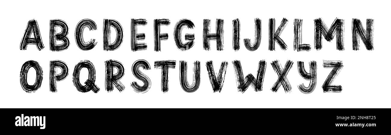 Dry brush alphabet. Hand drawn font, grunge style alphabet. Caps letters vector illustration. Stock Vector