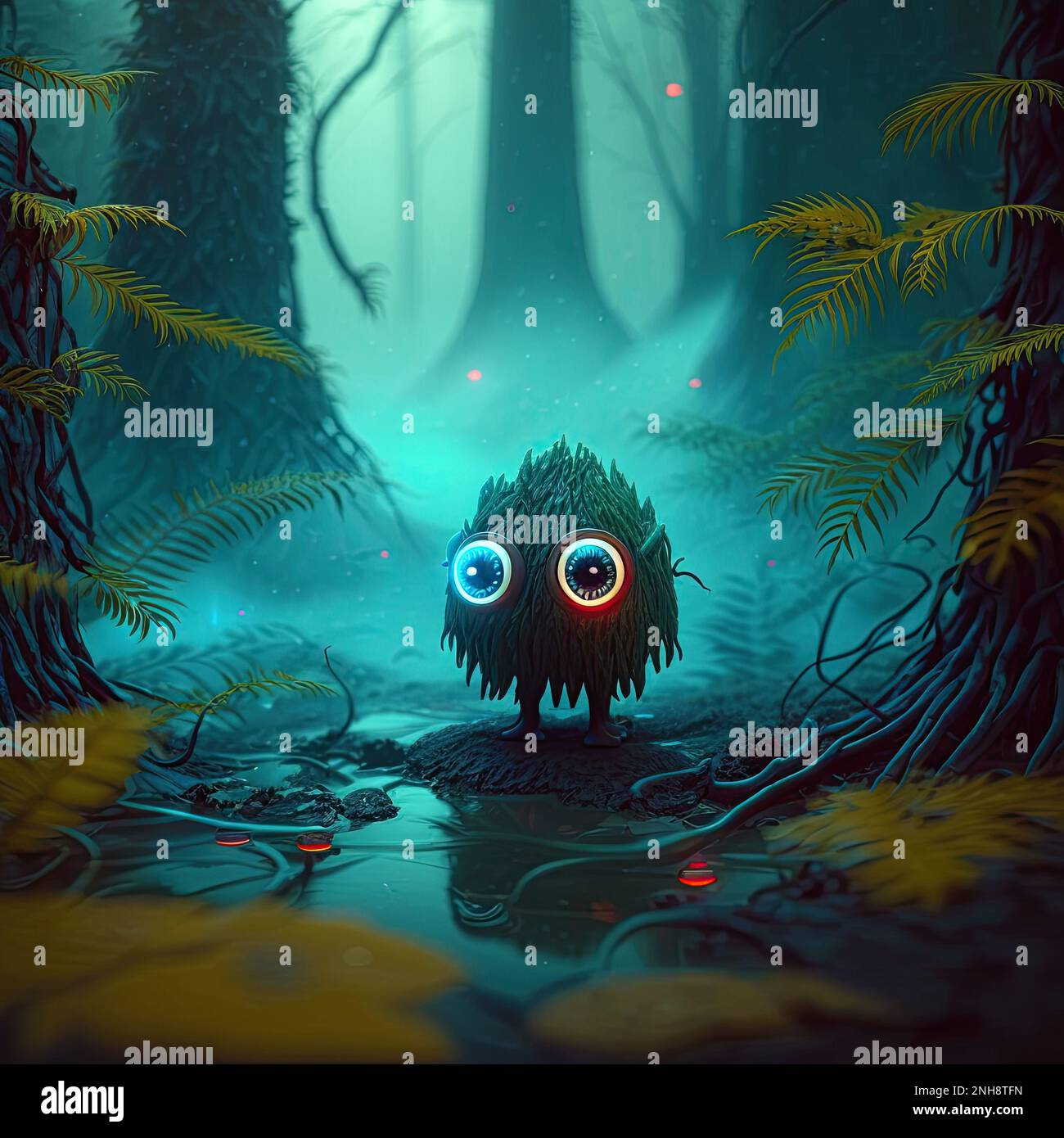 Cute monster in the foggy forest. Tiny fairy creature in a magical
