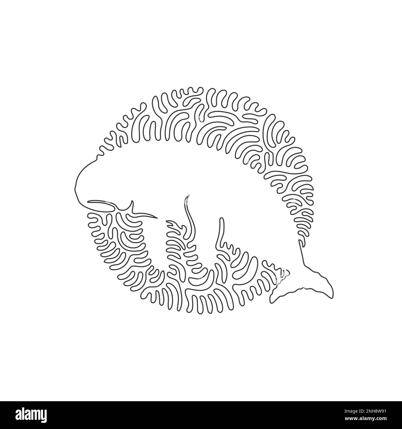 Continuous one curve line drawing of cute dugong abstract art in circle. Single line editable vector illustration of dugong with a torpedo-shape Stock Vector