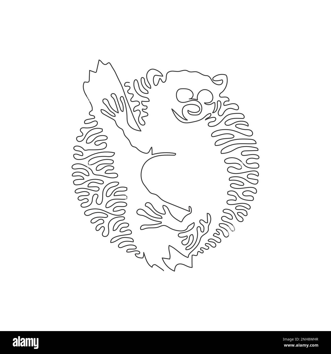 Single swirl continuous line drawing of funny tarsier. Continuous line drawing design vector illustration of a tarsier clinging vertically to the tree Stock Vector