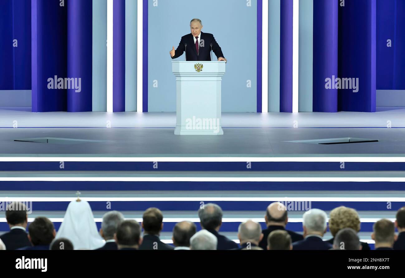 Russian President Vladimir Putin gives his annual 'State of the State' address and announces that Russia will pull away from signed nuclear treaties. Photo: The Russian Presidents Office Stock Photo