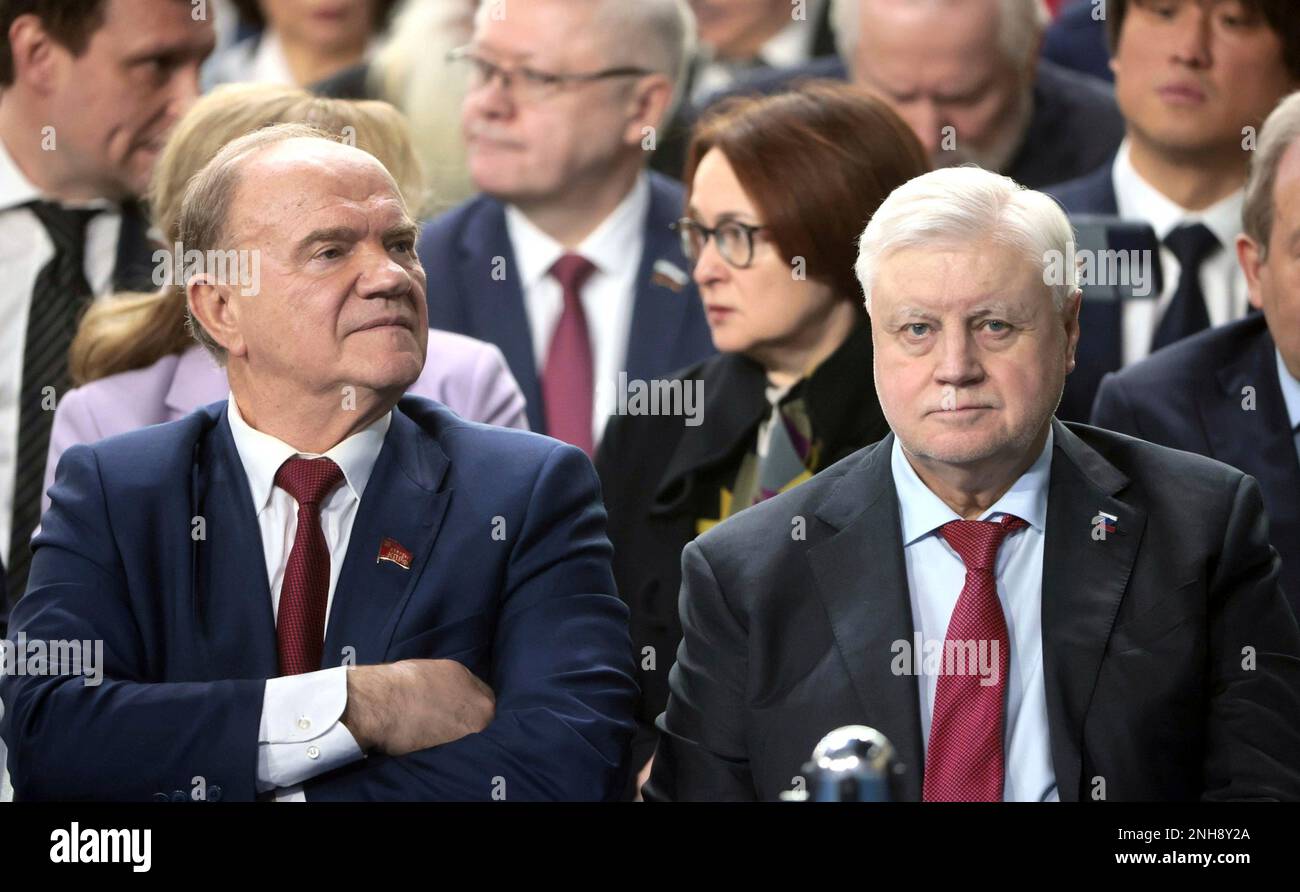 Moscow, Russia. 21st Feb, 2023. Russian Communist Party leader Gennady Zyuganov, left, and Just Russia For Truth party leader Sergei Mironov wait for President Vladimir Putin to deliver the annual address to the Federal Assembly, February 21, 2023 in Moscow, Russia. Putin says Russia will suspend role in New START nuclear accord with U.S. Credit: Mikhail Metzel/Kremlin Pool/Alamy Live News Stock Photo