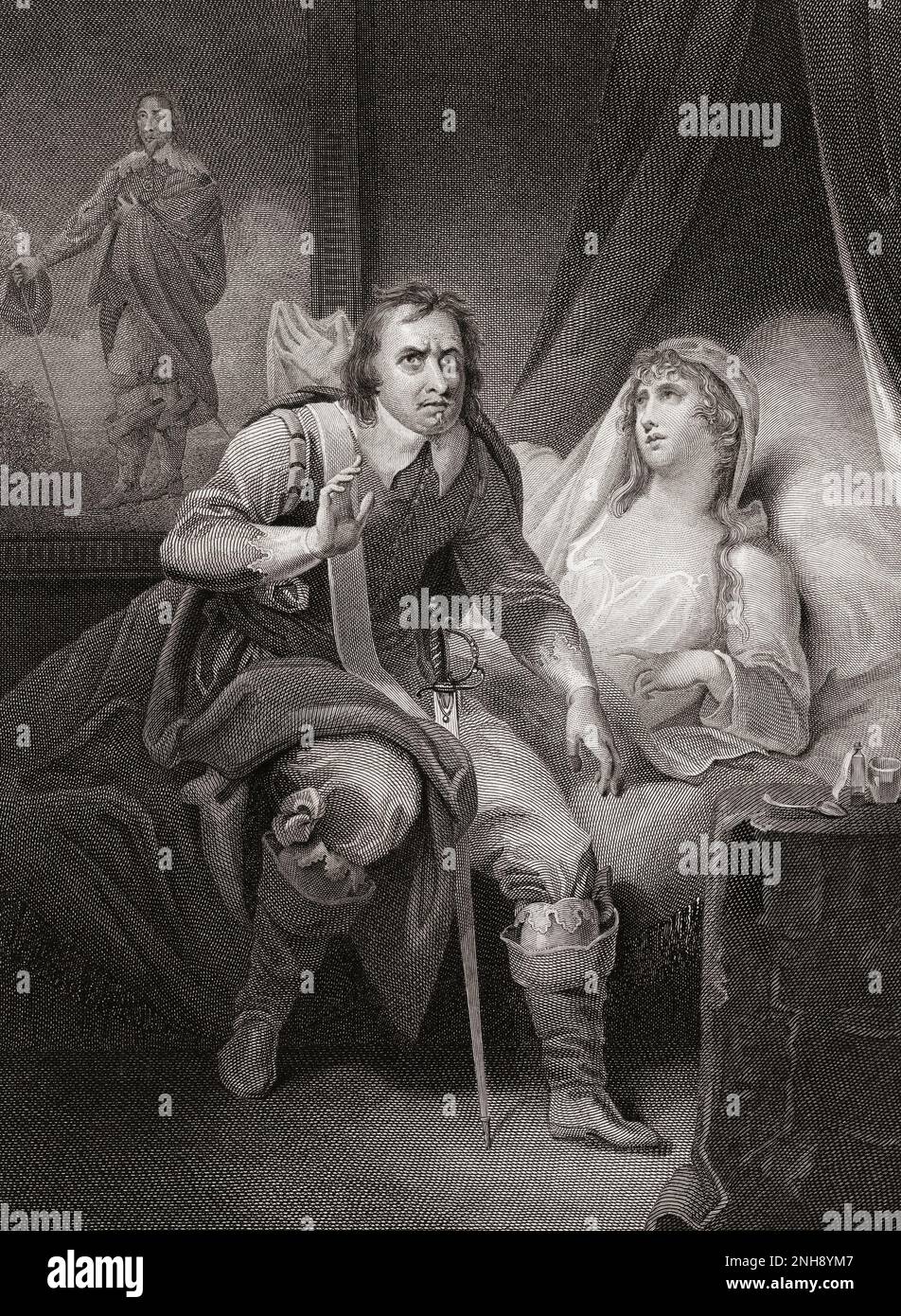 Oliver Cromwell's daughter, Elizabeth Claypole, 1629 - 1658 lying on her sick-bed, begging her father to be lenient towards political opponents.   After a print by James Stow  from a work by Henry Tresham originally featured in Robert Bowyer's Historic Gallery, published between 1793 and 1806. Stock Photo