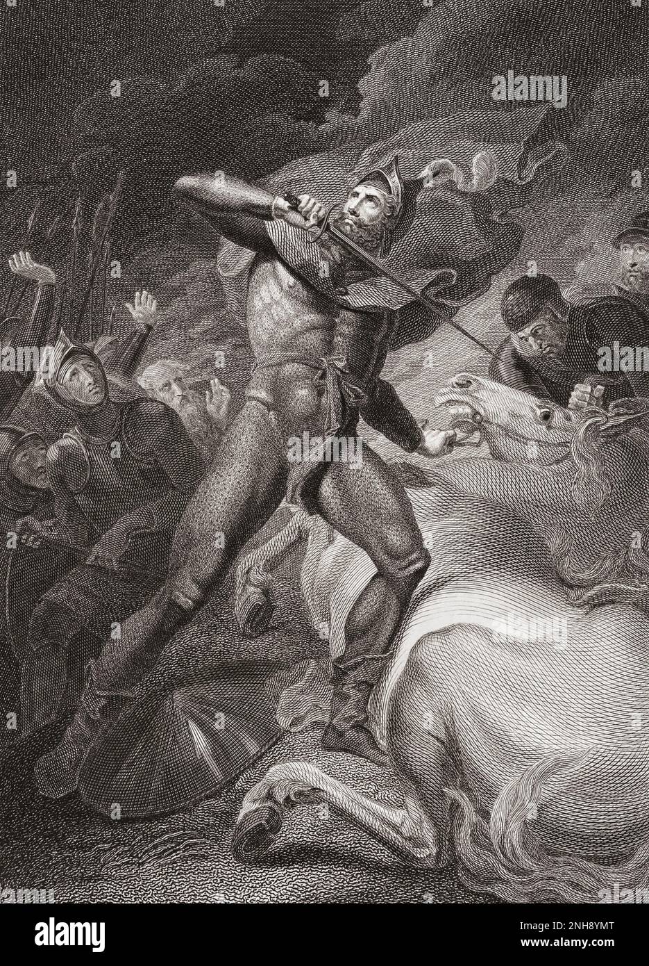 The resolute conduct of the Earl of Warwick previous to the battle of Touton.  The Earl kills his horse to show he will stand with his soldiers.  Battle of Touton, March 29, 1461, during the War of the Roses. After a print by Thomas Holloway from the painting by Henry Tresham originally featured in Robert Bowyer's Historic Gallery, published between 1793 and 1806. Stock Photo