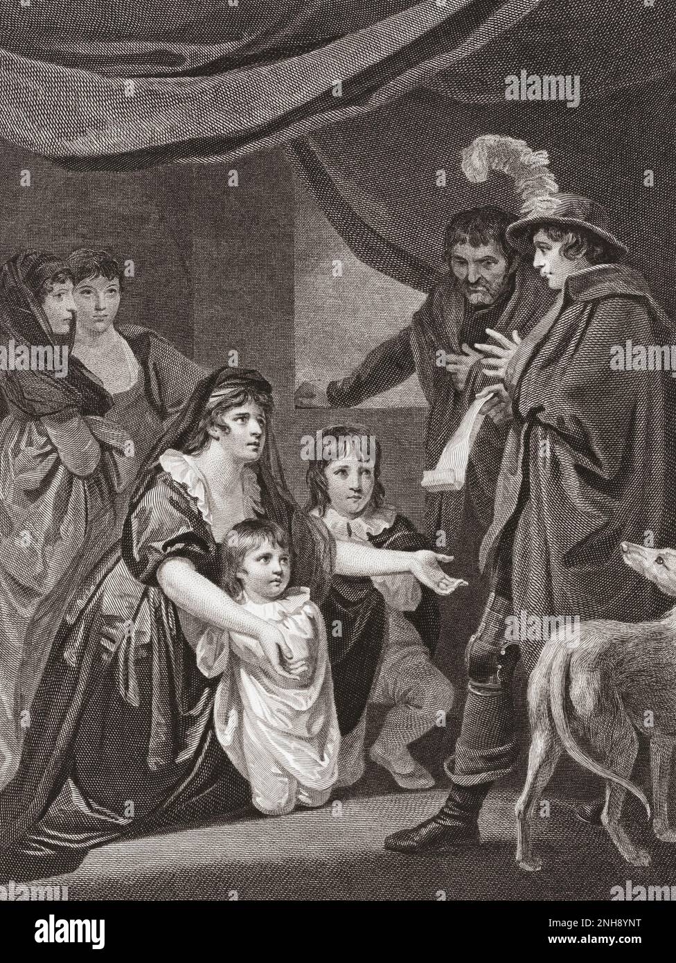 Lady Elizabeth Grey entreating King Edward IV to protect her children.  Elizabeth Woodville, later known as Elizabeth Grey, was Queen of England from her marriage to Edward IV. After a print by William Bromley from the work by John Opie originally featured in Robert Bowyer's Historic Gallery, published between 1793 and 1806. Stock Photo