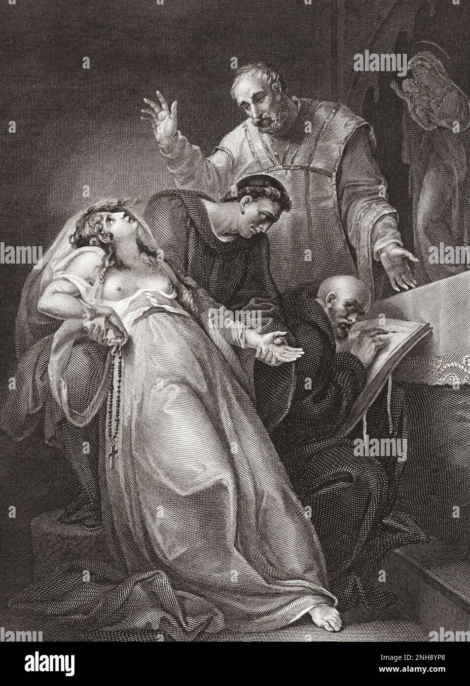 The Imposture of the Holy Maid of Kent.   Elizabeth Barton 1506 - 1534,  known as The Holy Maid of Kent, prophesied against  King Henry VIII's marriage to Anne Boleyn and was executed for it.  After a print by Isaac Taylor and George Vincent after the work by Henry Tresham originally featured in Robert Bowyer's Historic Gallery, published between 1793 and 1806. Stock Photo
