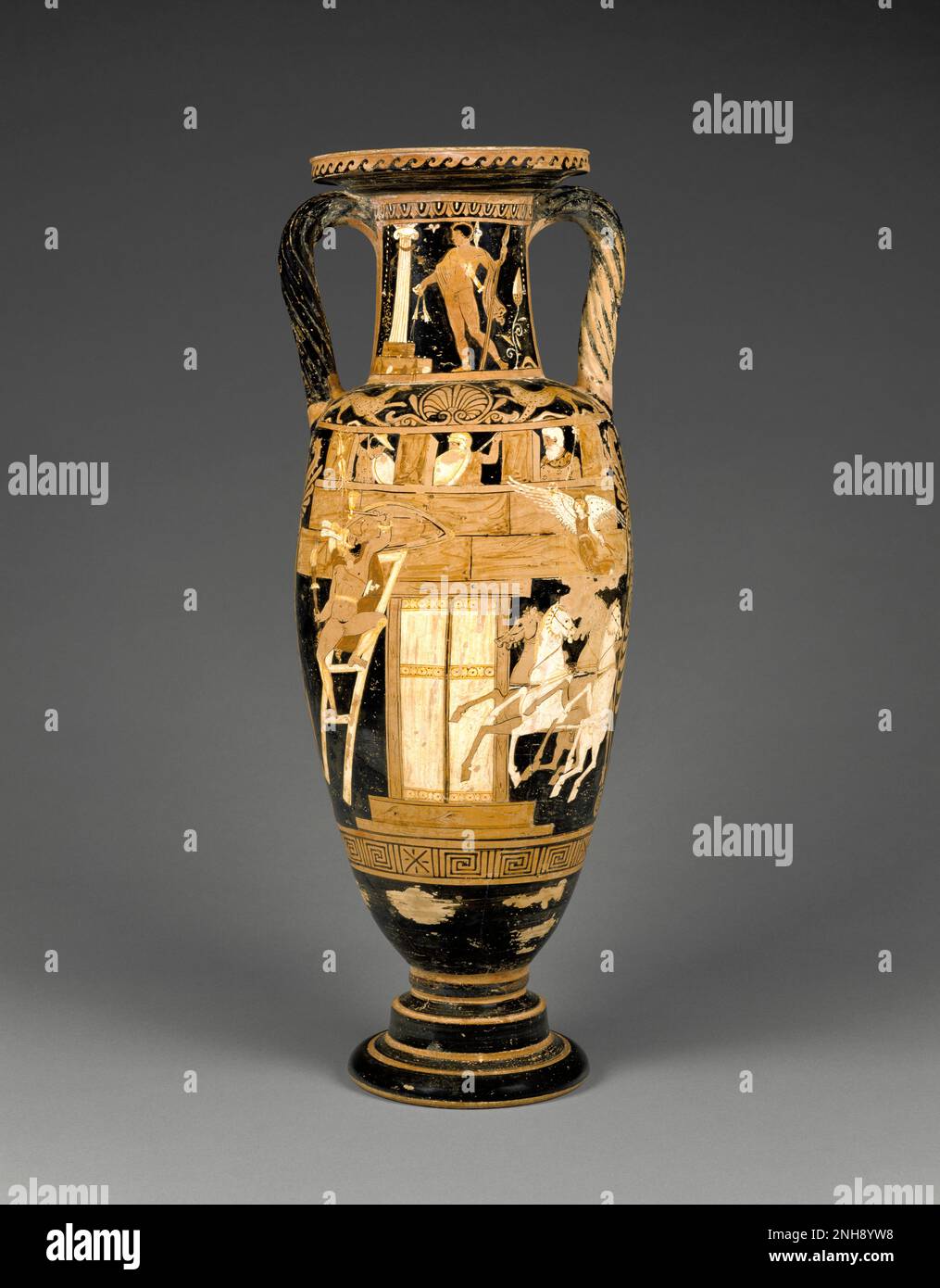 Campanian Neck-Amphora; Attributed to Caivano Painter (Greek, active 340 - 330 B.C.); about 340 B.C. This shows an episode from the story of The Seven Against Thebes, when a group of heroes attacked the Greek city to reinstate the rightful king. Holding a burning torch, the hero Kapaneus climbs a ladder, while two defenders and the usurping ruler look down from the wall. Kapaneus was killed for claiming that he did not need the gods' help; at top left, Zeus's thunderbolt falls towards the warrior. Stock Photo