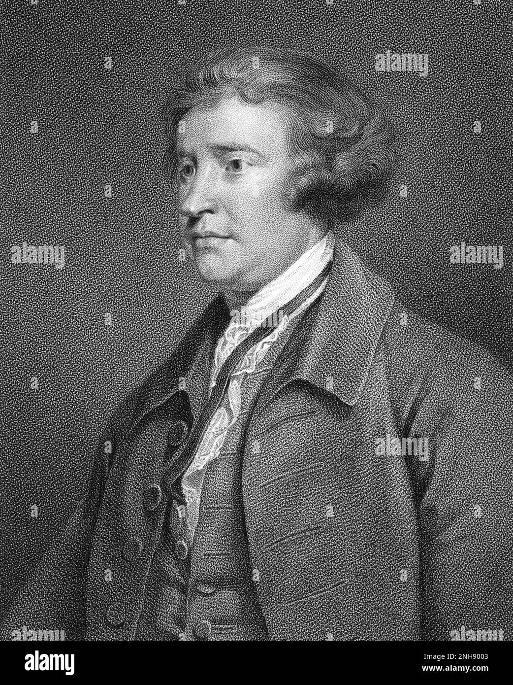 Edmund Burke (1729-1797) was an Anglo-Irish statesman, economist, and philosopher. Engraving after painting by Joshua Reynolds, c.‚Äâ1769. Stock Photo