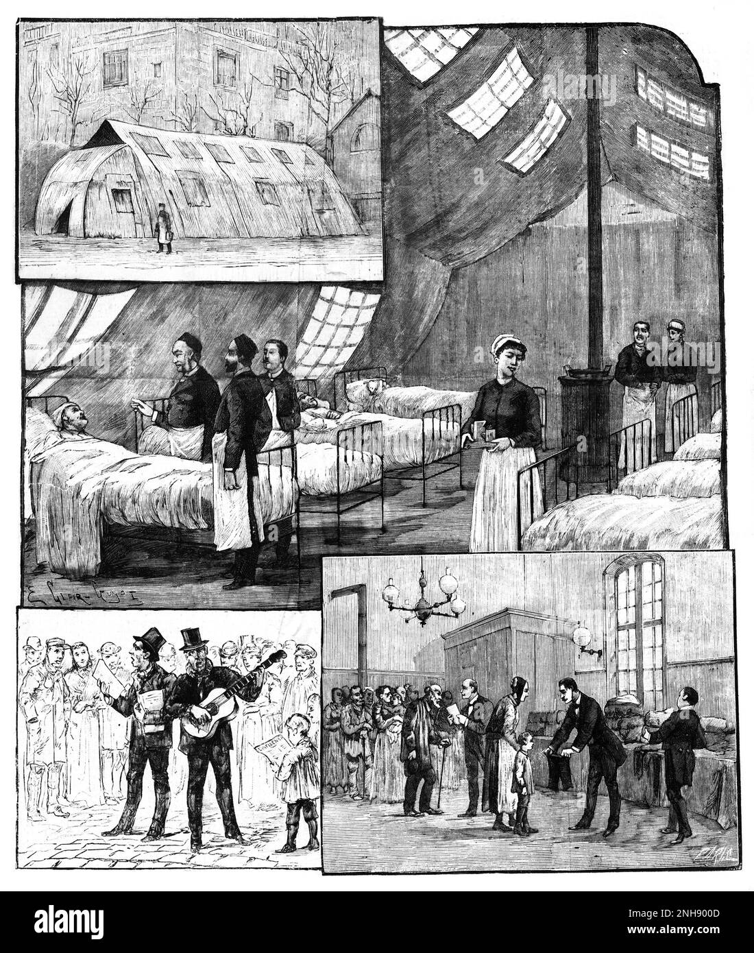 Three illustrations relating to the influenza pandemic in Paris, from the cover of Le Petit Parisien, January, 1890: the interior and exterior of a special tent set up as a ward for the sick in the courtyard of the hospital; two men singing a song about influenza to a crowd; the distribution of clothes to families of victims. The 1889-1890 pandemic, often referred to as the Russian Flu, was one of the deadliest pandemics in history, killing one million people. Stock Photo