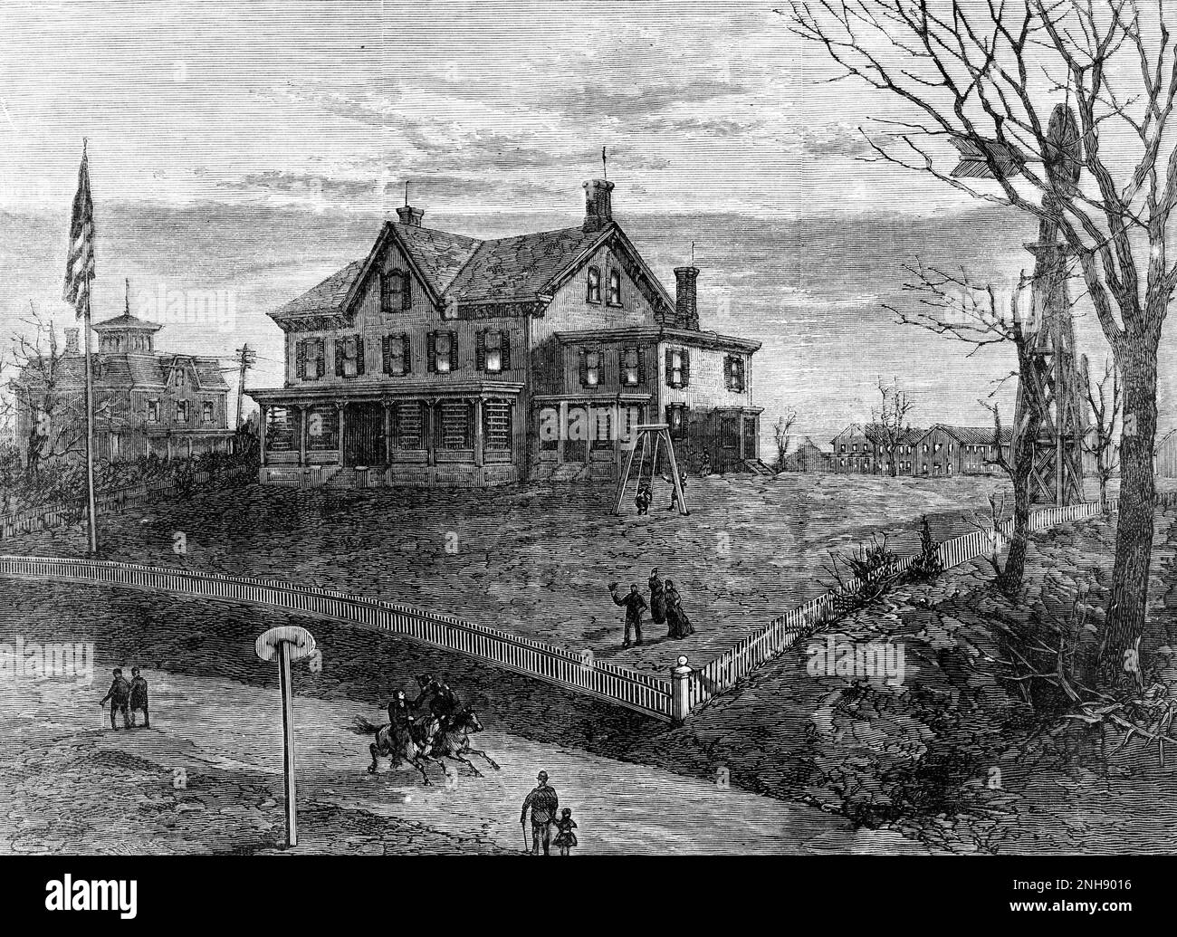 The house of inventor Thomas Edison in Menlo Park, New Jersey. From a sketch by Theodore R. Davis from Harper's Weekly, 1880. Stock Photo