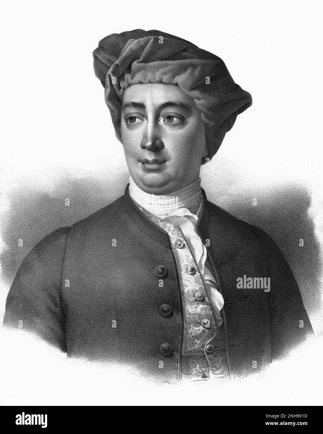 David Hume (1711-1776), Scottish Enlightenment philosopher, historian, and economist, best known for his highly influential system of philosophical empiricism, skepticism, and naturalism. Lithograph after portrait by Antoine Maurin (1793-1860), 1820. Stock Photo