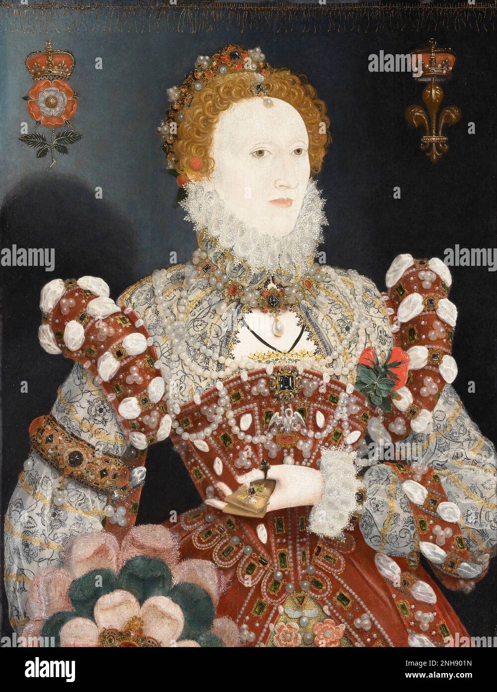 Elizabeth I (1533-1603) was Queen of England and Ireland from 17 November 1558 until her death in 1603. She was the last of the five monarchs of the House of Tudor. Oil on wood panel by Nicholas Hilliard (1547-1619), circa 1573-75. Stock Photo