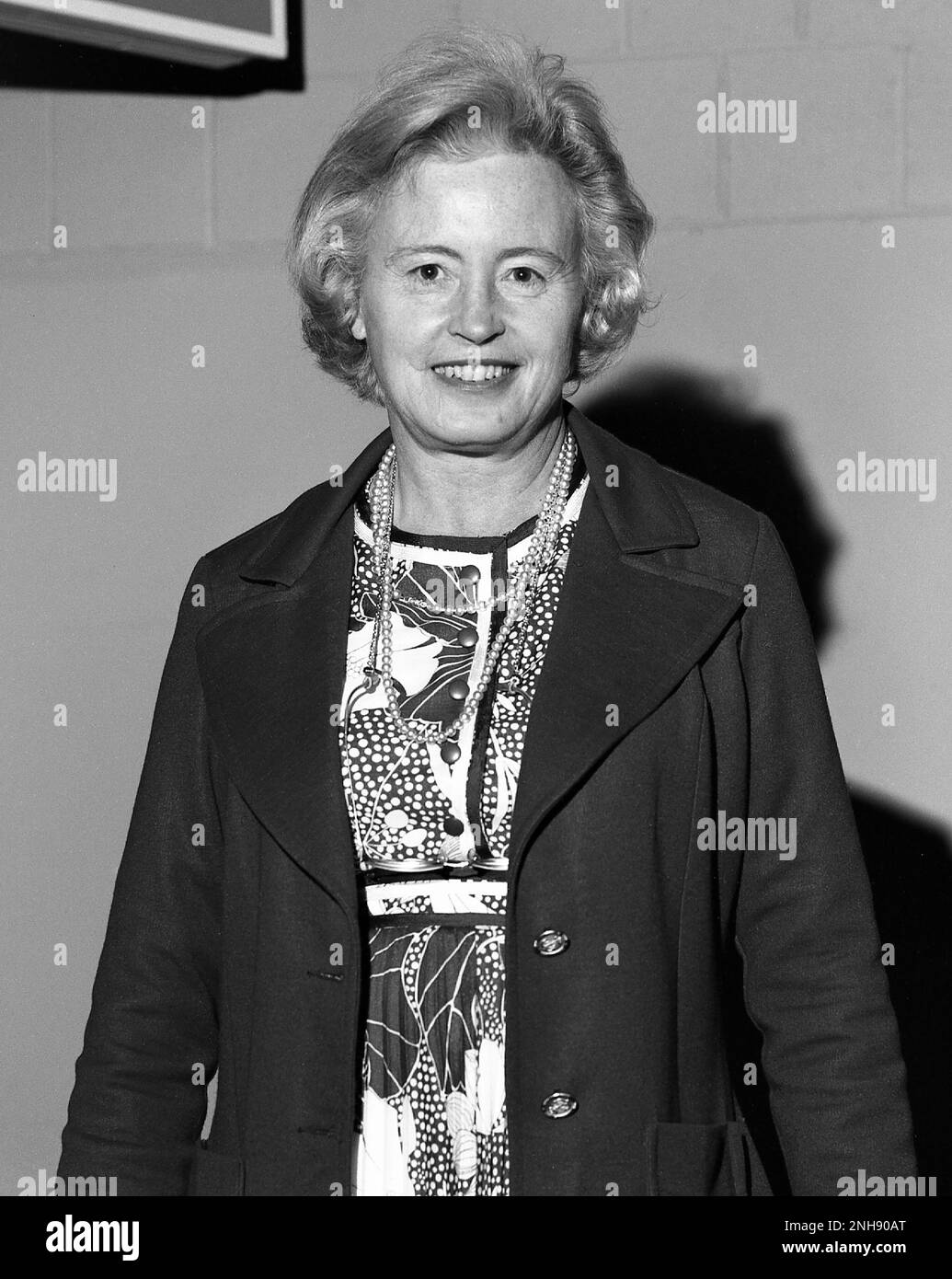 Margaret Burbidge at a guest lecture event at the Mount Holyoke College Department of Physics in spring of 1974. Eleanor Margaret Burbidge (1919-2020) was a British-American observational astronomer and astrophysicist. She was one of the founders of stellar nucleosynthesis, worked on galaxy rotation curves and quasars, and helped develop the Faint Object Spectrograph on the Hubble Space Telescope. Stock Photo