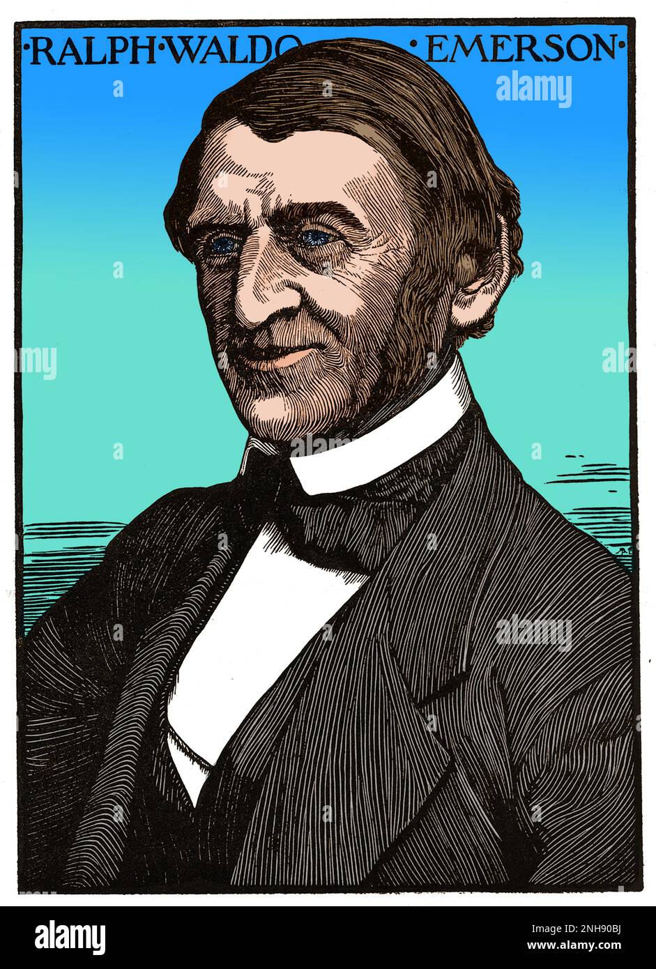 Ralph Waldo Emerson (1803-1882), American essayist, lecturer, philosopher, abolitionist, and poet who led the transcendentalist movement of the mid-19th century. Woodcut by Robert Bryden (1865-1939), a Scots artist and sculptor, 1901. Colorized. Stock Photo