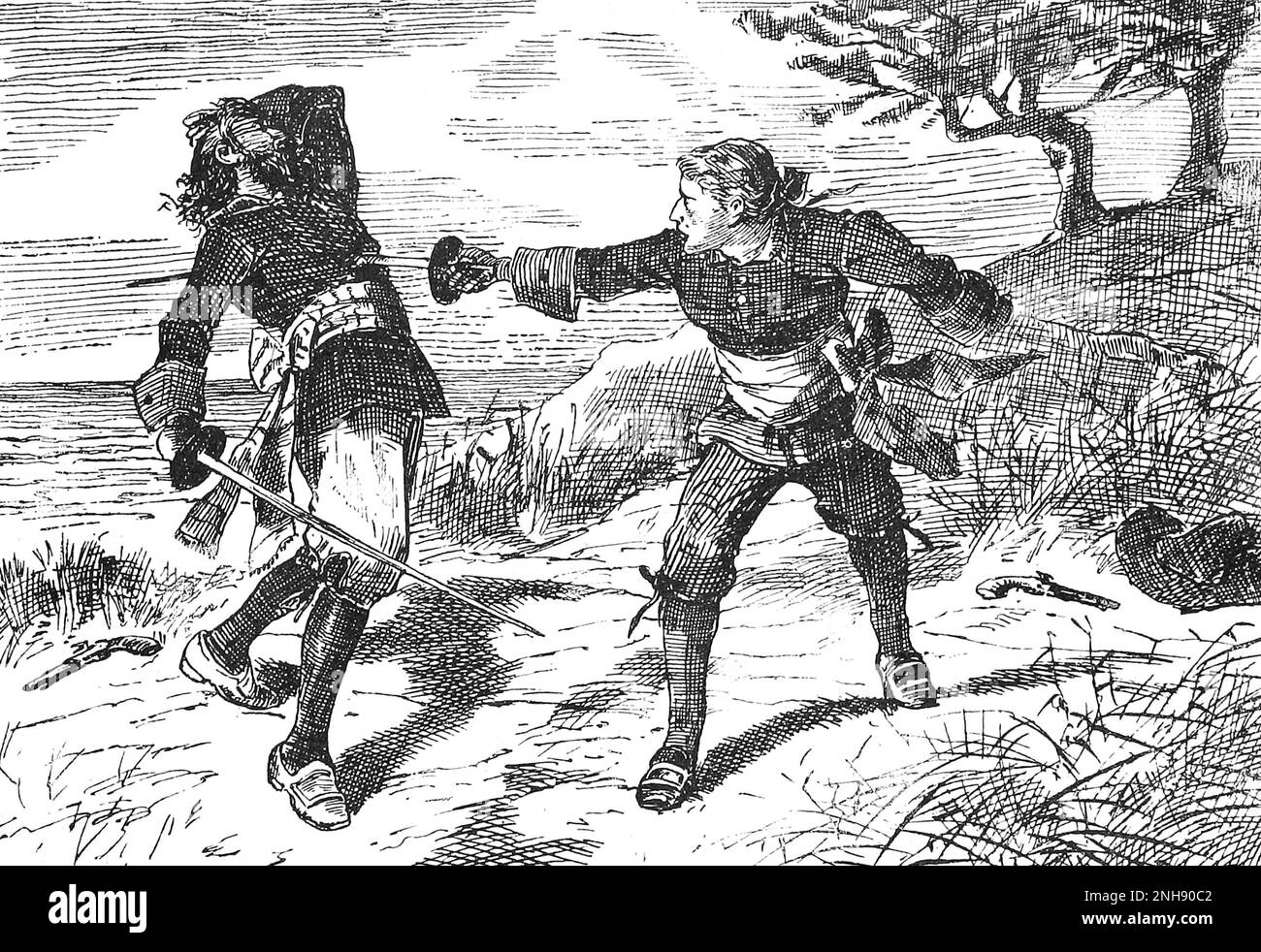 Irish pirate Anne Bonny (1697-1721) disguised as a man, killing another sailor in a duel. Illustration John Abbott, 1874. Stock Photo