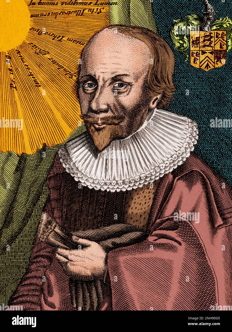 Robert Fludd, also known as Robertus de Fluctibus (1574-1637), was an English Paracelsian physician with both scientific and occult interests. He is remembered as an astrologer, mathematician, cosmologist, Kabbalist and Rosicrucian. Colorized. Stock Photo