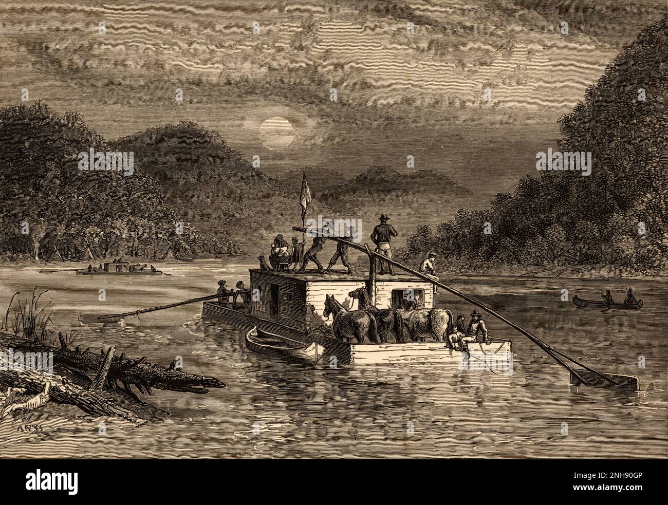 A group of immigrants and horses aboard a flatboat as they travel the Tennessee river by moonlight./nWood engraving by Alfred Waud made between 1855-1890. Published in The Century Magazine, 1916. Stock Photo