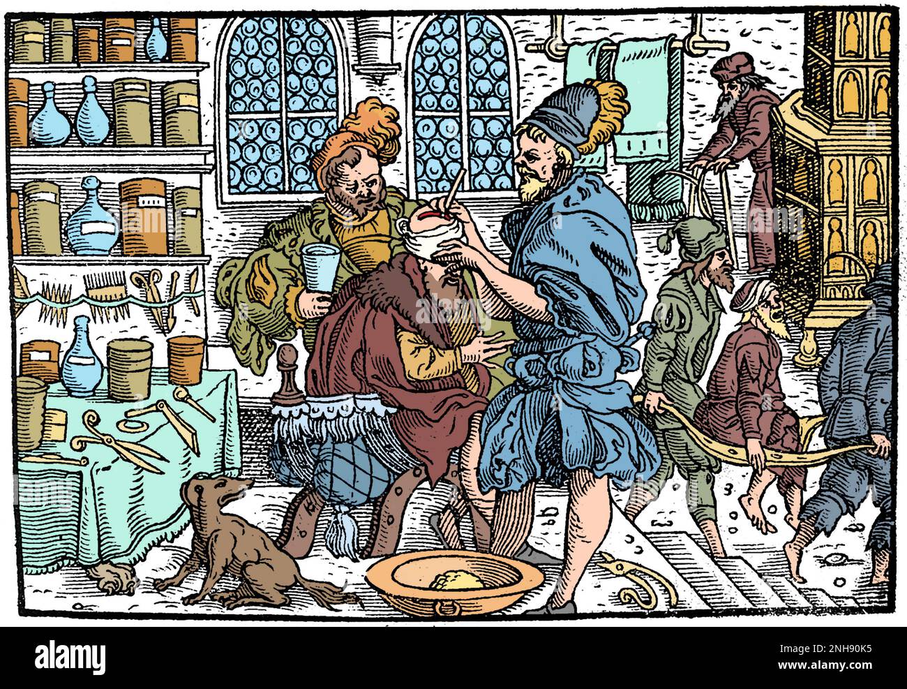 Paracelsus operating on a man's head. Paracelsus (1493-1541), born Theophrastus von Hohenheim, was a Swiss physician, alchemist, lay theologian, and philosopher of the German Renaissance, known as the father of toxicology. From Der ander Theyl der grossen, circa 1560s. Colorized. Stock Photo