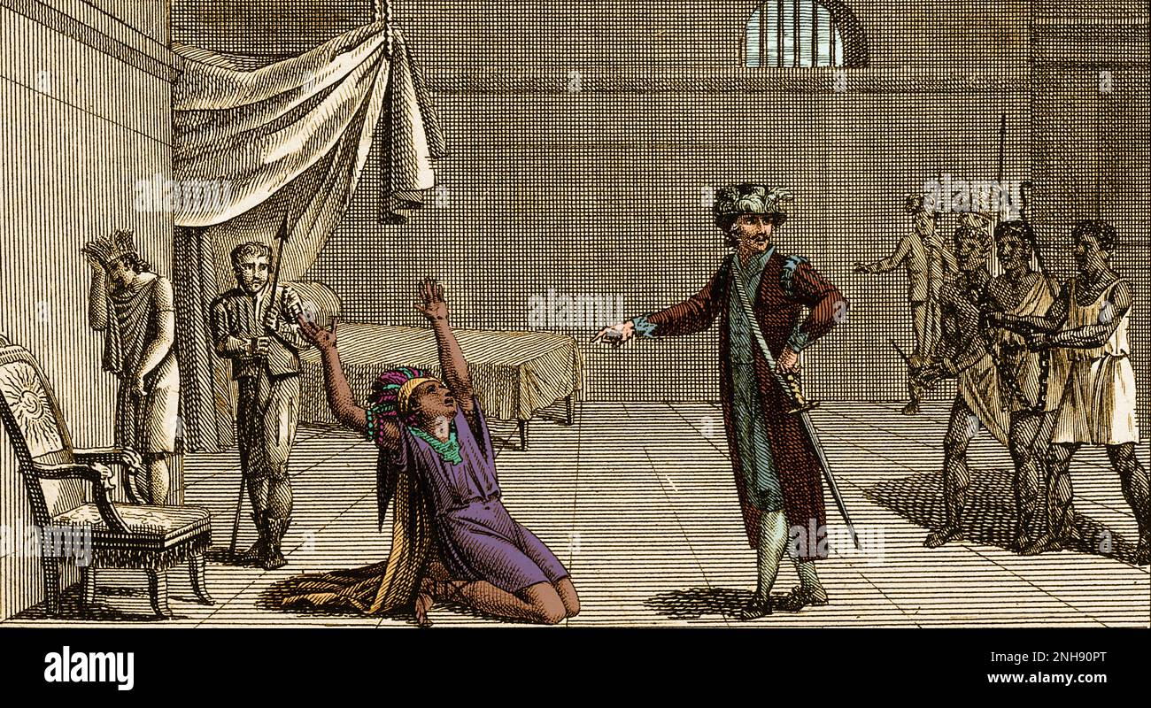 Atahualpa (1502-1533), the last Incan Emperor, pleading for mercy from Spanish conquistador Francisco Pizarro (1478-1541). Etching by Antoine Claude Francois Villerey after Nanine Vallain, circa 1790s. Colorized. Stock Photo