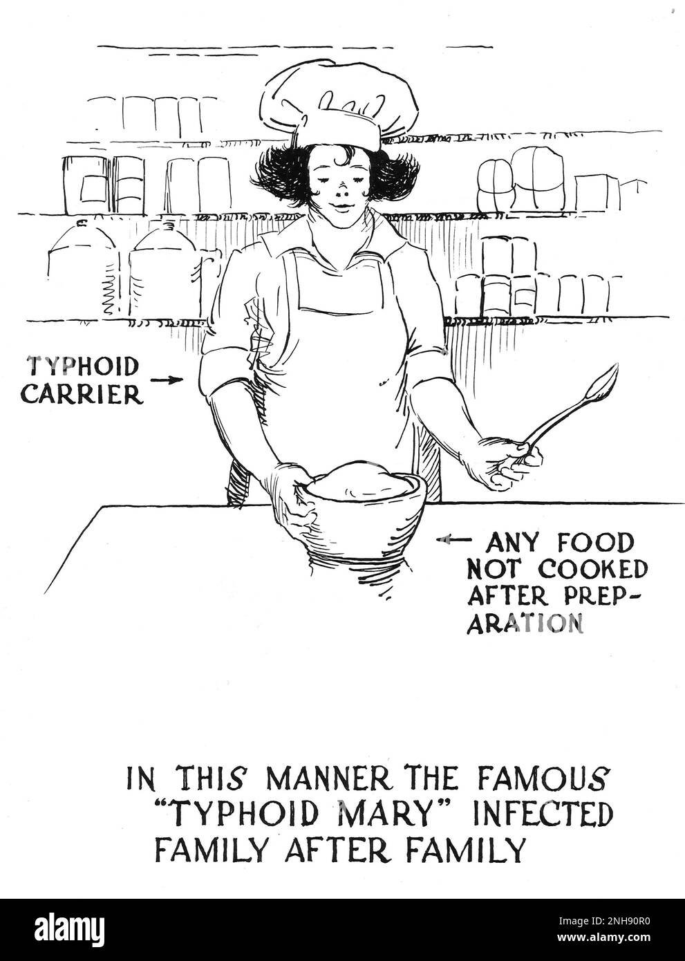 A historical poster warning against acting like Typhoid Mary (1869-1938), an Irish-born American cook who was an asymptomatic carrier of typhoid disease, and who infected 122 people, at least five of whom died. She did not believe she was ill and refused to stop working as a cook; as a result, she was forcibly quarantined for 26 years. Stock Photo