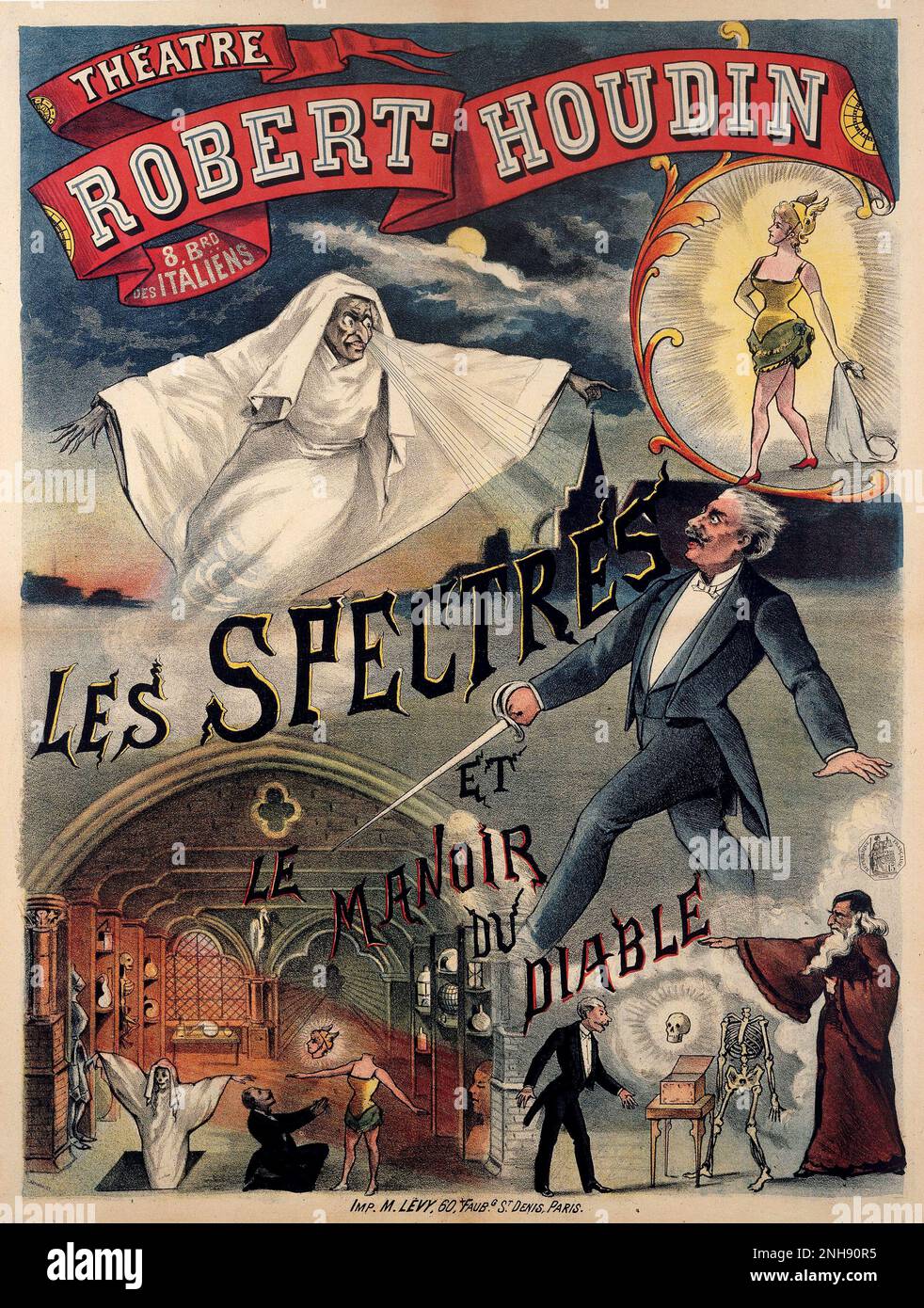 Poster for the movie Le Manoir du diable at Theatre Robert-Houdin in Paris, 1896. Le Manoir du diable or The House of the Devil, released in the United States as The Haunted Castle and in Britain as The Devil's Castle, is an 1896 French short silent film directed by Georges Melies. Stock Photo