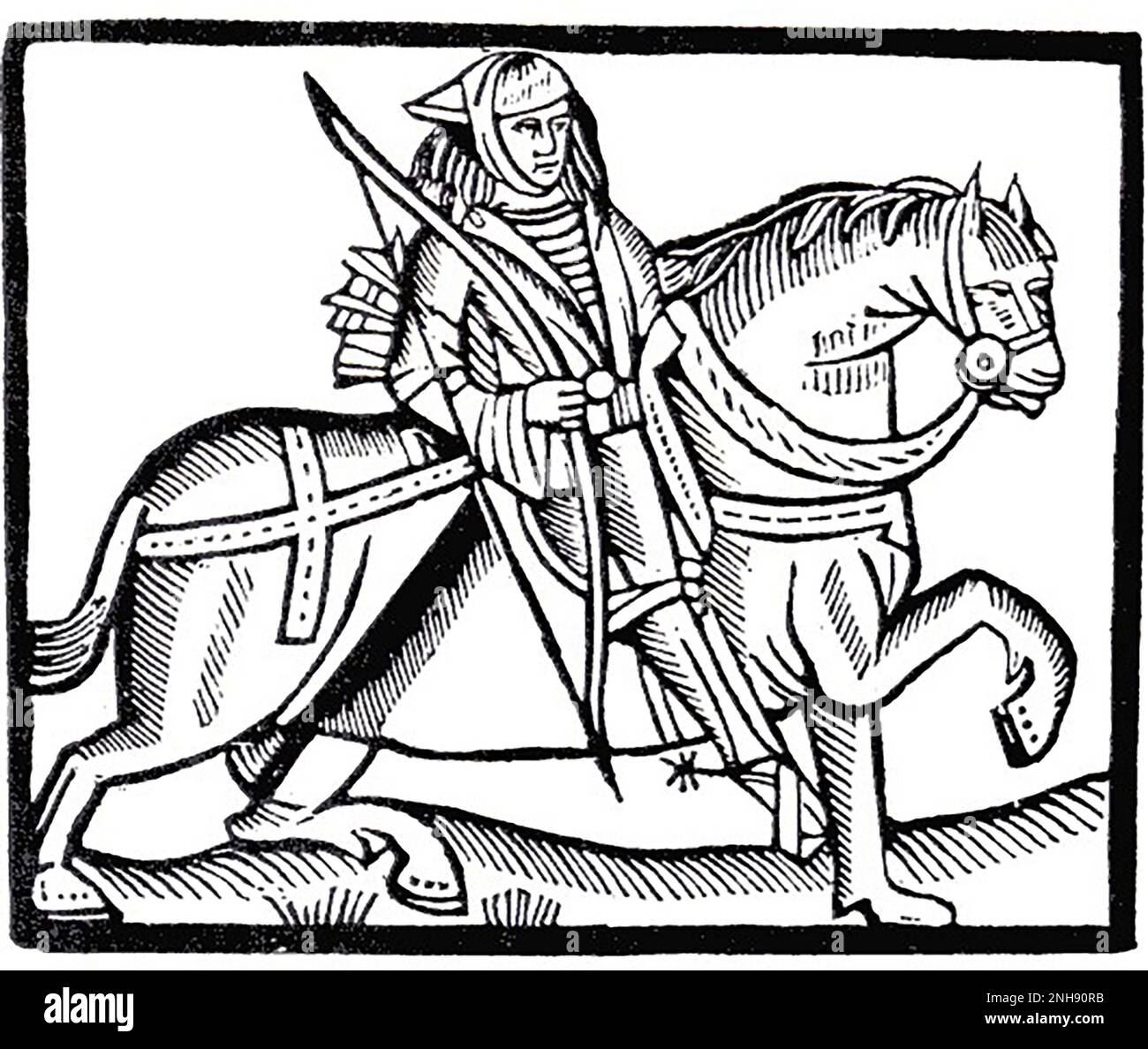 Robin Hood on a horse, illustration from The Play of Robin Hood and the Sheriff, c. 1475. Robin Hood was a popular folk figure in the Late Middle Ages, who is said to have robbed from the rich and given to the poor. The earliest known ballads featuring him are from the 15th century. Stock Photo