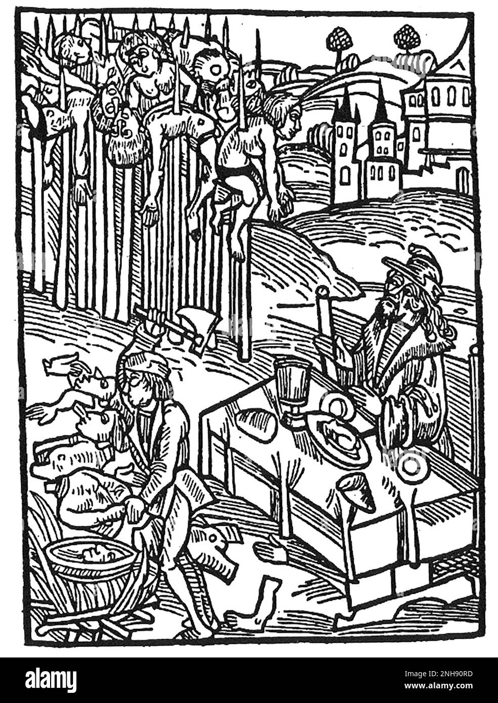 Vlad III dining among the impaled corpses of his victims. Engraving from 1500. Vlad III, commonly known as Vlad the Impaler or Vlad Dracula (1428/31 ,Ai 1476/77), was Voivode of Wallachia three times. He is often considered one of the most important rulers in Wallachian history and a national hero of Romania. Notorious for his cruelty, his patronymic inspired the name of Bram Stoker's literary vampire, Count Dracula. Stock Photo