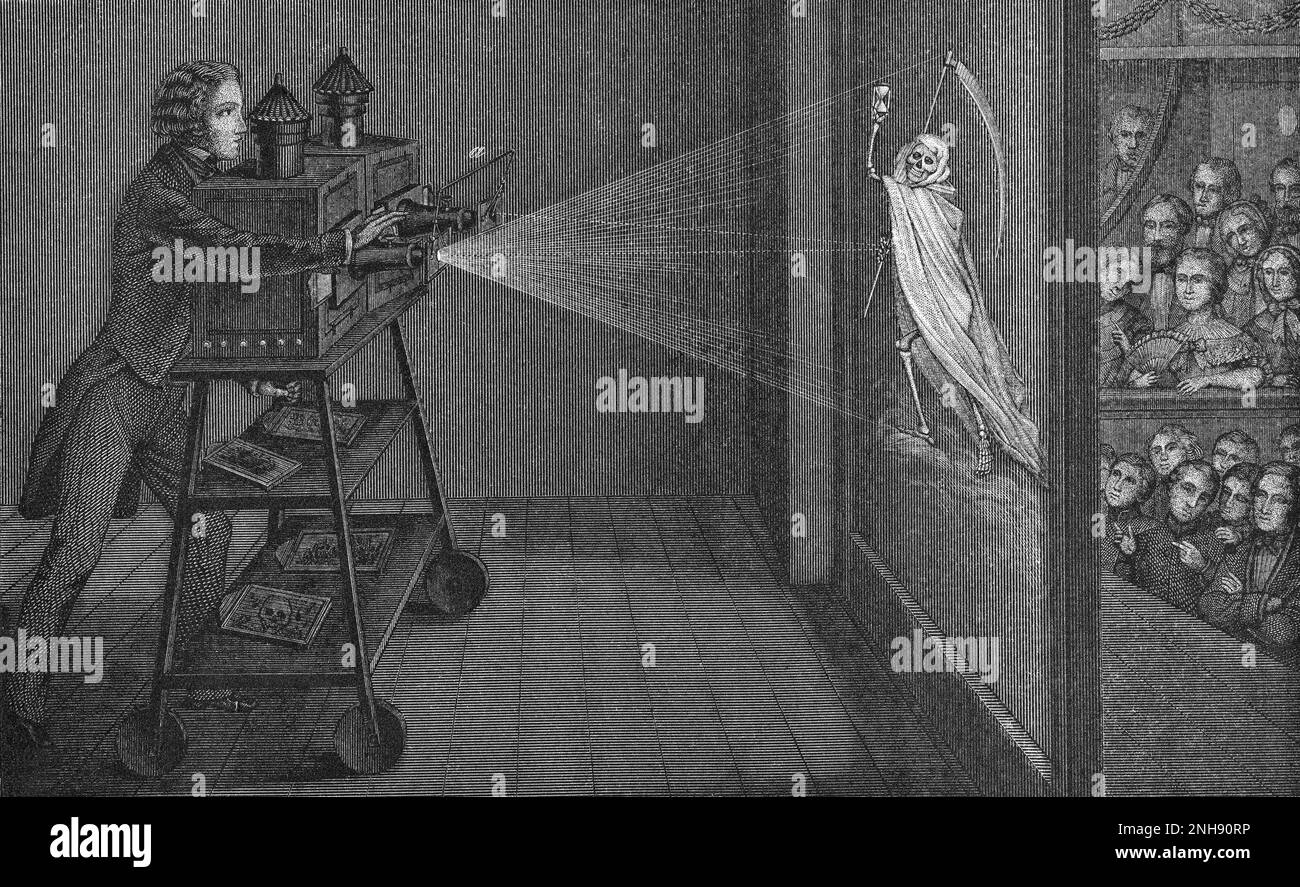 A projector displaying an image of the grim reaper to a theater audience. Engraving titled 'Fantasmagorie' by A. Ganot, from Cours de physique, 1859. Stock Photo