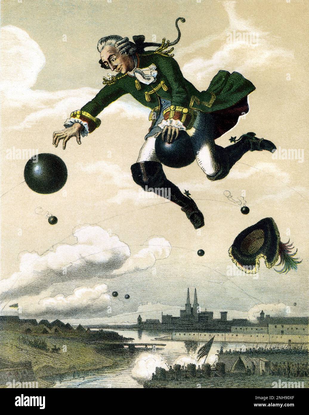 Baron Meonchhausen's flight on a cannonball, 1872. Baron Munchausen is a fictional German nobleman created by the German writer Rudolf Erich Raspe in 1785. The character is loosely based on a real baron, Hieronymus Karl Friedrich, Freiherr von Meonchhausen, who told outrageous tall tales based on his military career. The condition of Munchausen syndrome derives its name from the fictional character. Stock Photo