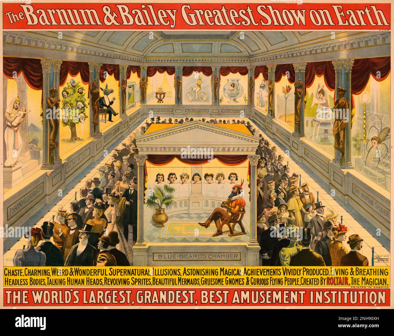 A poster for Barnum and Bailey's Greatest Show on Earth: 'Chaste, charming, weird & wonderful supernatural illusions ... created by Roltair, the magician,' c. 1898. People are shown viewing illusions in a hall, with Bluebeard and his chamber of wives' heads at center. Stock Photo