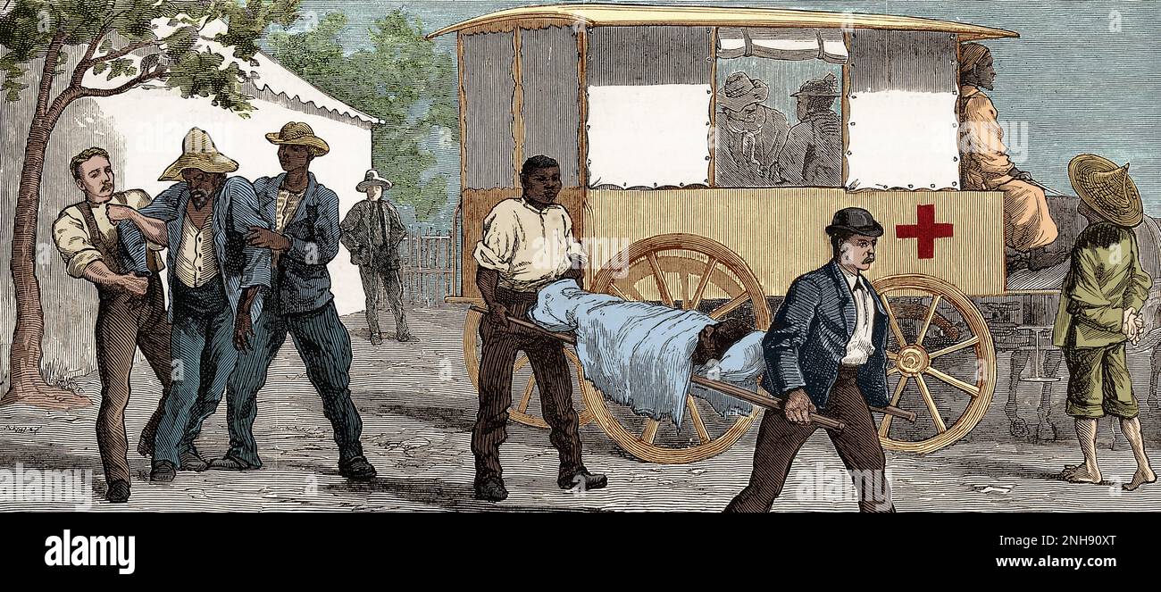 An ambulance bringing patients from Cape Town to the temporary hospital of Renzskies Farm during a smallpox epidemic in South Africa. Illustration from The Graphic, January 13, 1883. Colorized. Stock Photo