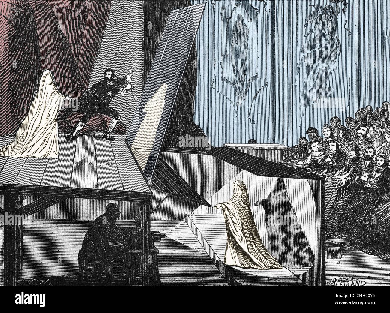 The ghost illusion, 1881. Illustration from The secrets of stage conjuring by Jean-Eugene Robert-Houdin (1805-1871) a French watchmaker, magician and illusionist, widely recognized as the father of the modern style of conjuring and the person after whom Houdini named himself. Colorized. Stock Photo