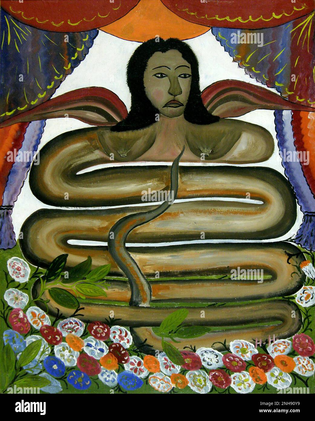 A painting of the lwa Damballa, a serpent, by Haitian artist Hector Hyppolite. Lwa, also called loa or loi, are spirits in the African diasporic religion of Haitian Vodou. Many of the lwa derive their identities in part from deities venerated in the traditional religions of West Africa, especially those of the Fon and Yoruba. Stock Photo