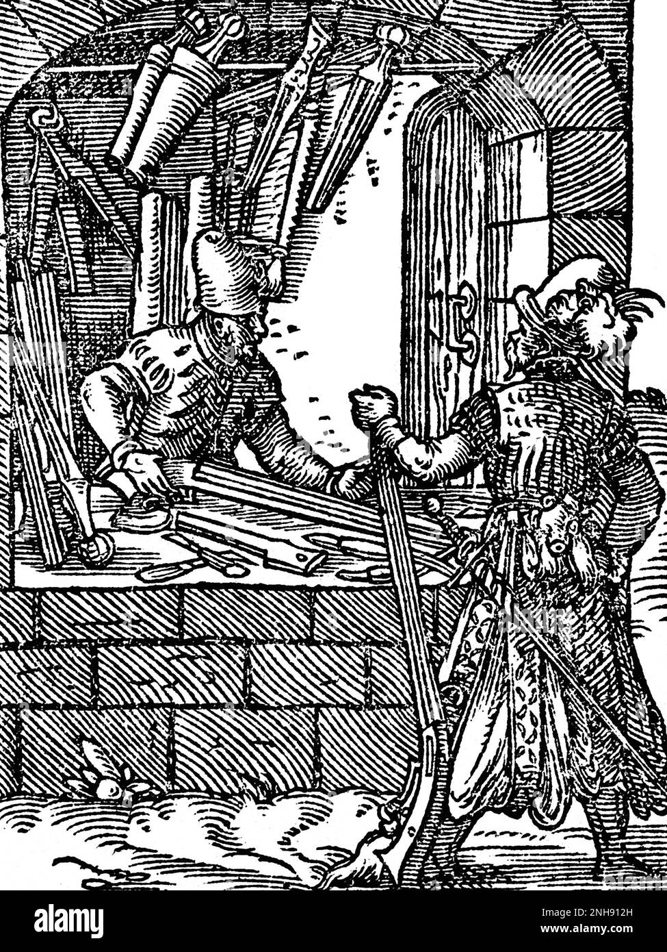 A gun maker working at the window of his workshop, talking to a customer. Woodcut from Jost Amman's Book of Trades, 1568. Stock Photo