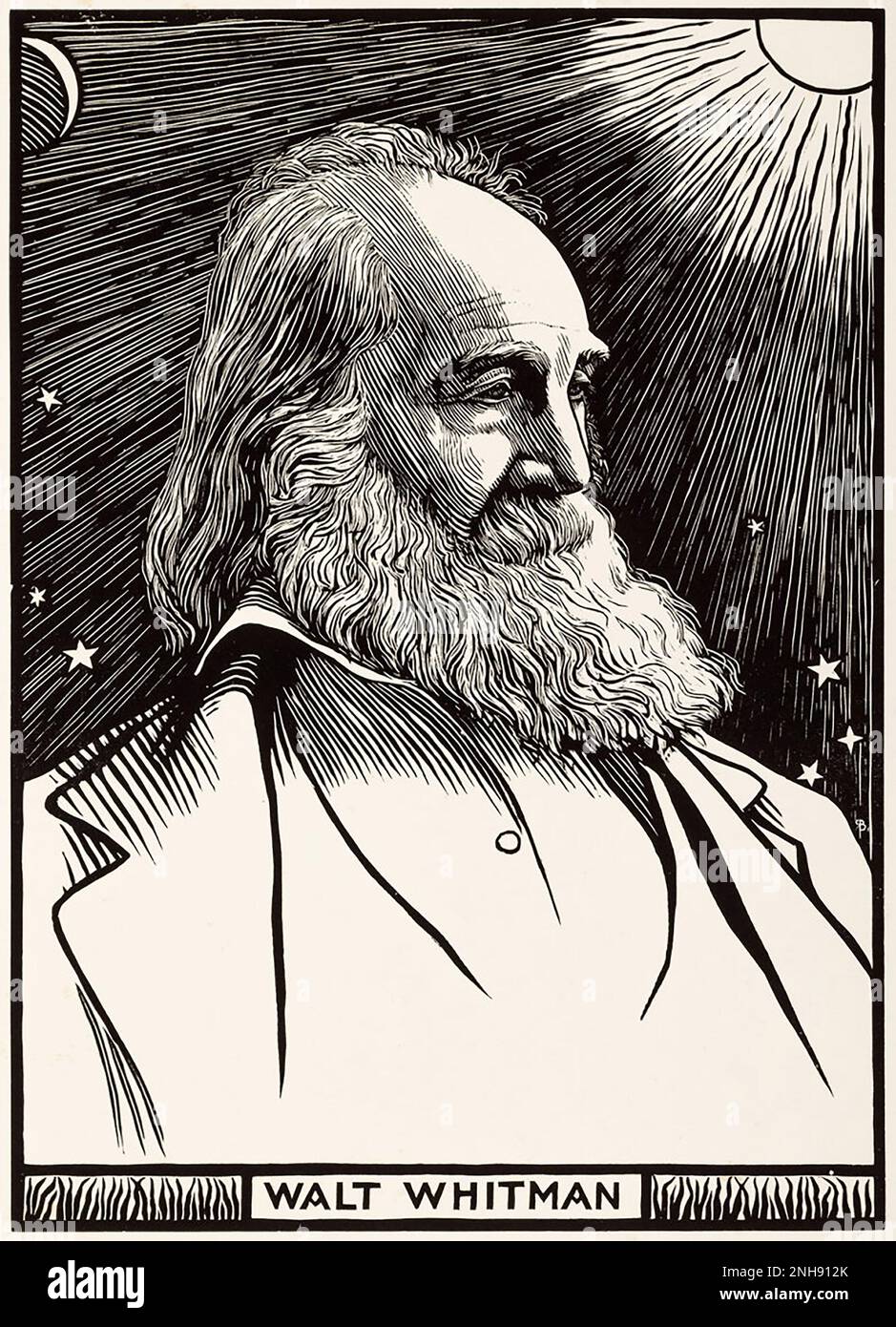Walt Whitman (1819-1892), American poet, essayist and journalist, famous for his 1855 poetry collection Leaves of Grass. Woodcut by Robert Bryden (1865-1939), a Scots artist and sculptor, from 1899. Stock Photo