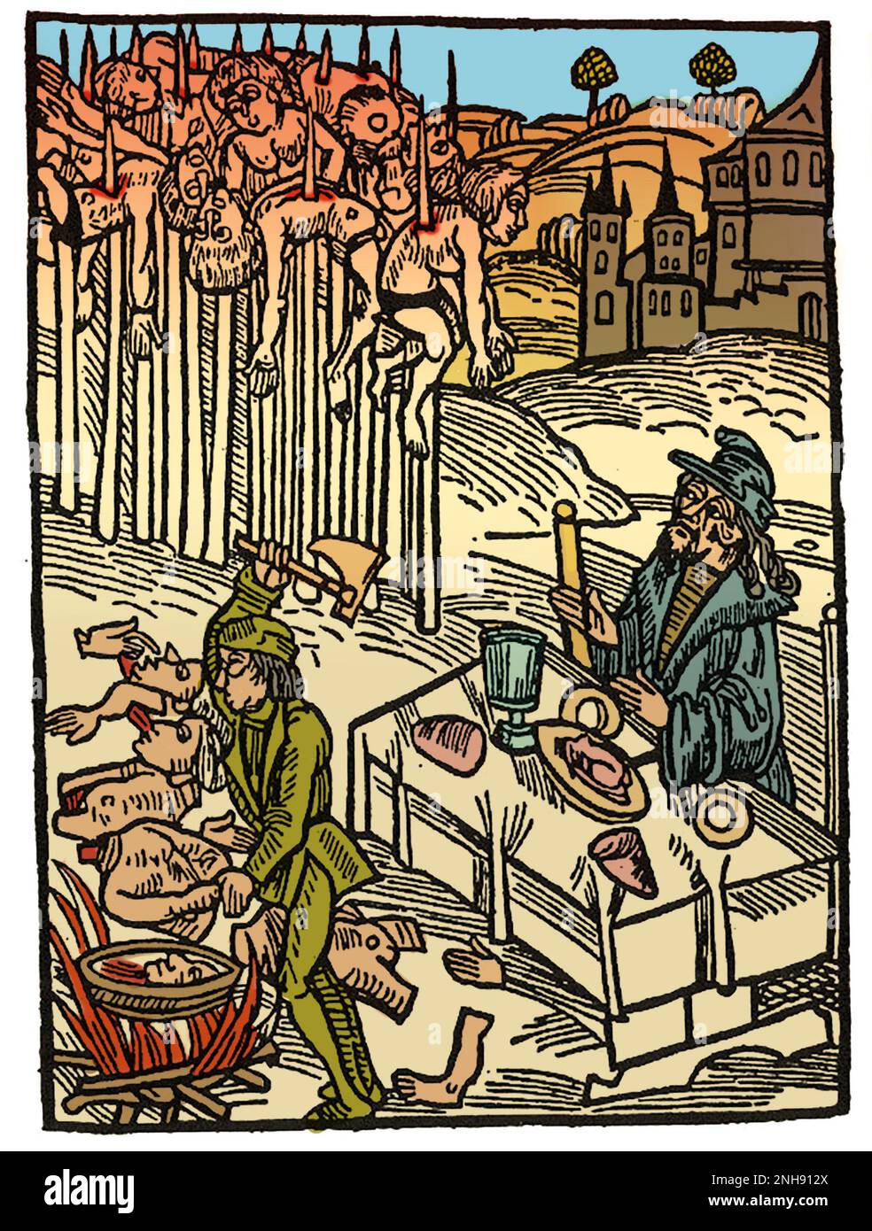 Vlad III dining among the impaled corpses of his victims. Engraving from 1500. Vlad III, commonly known as Vlad the Impaler or Vlad Dracula (1428/31 ,Ai 1476/77), was Voivode of Wallachia three times. He is often considered one of the most important rulers in Wallachian history and a national hero of Romania. Notorious for his cruelty, his patronymic inspired the name of Bram Stoker's literary vampire, Count Dracula. Colorized. Stock Photo