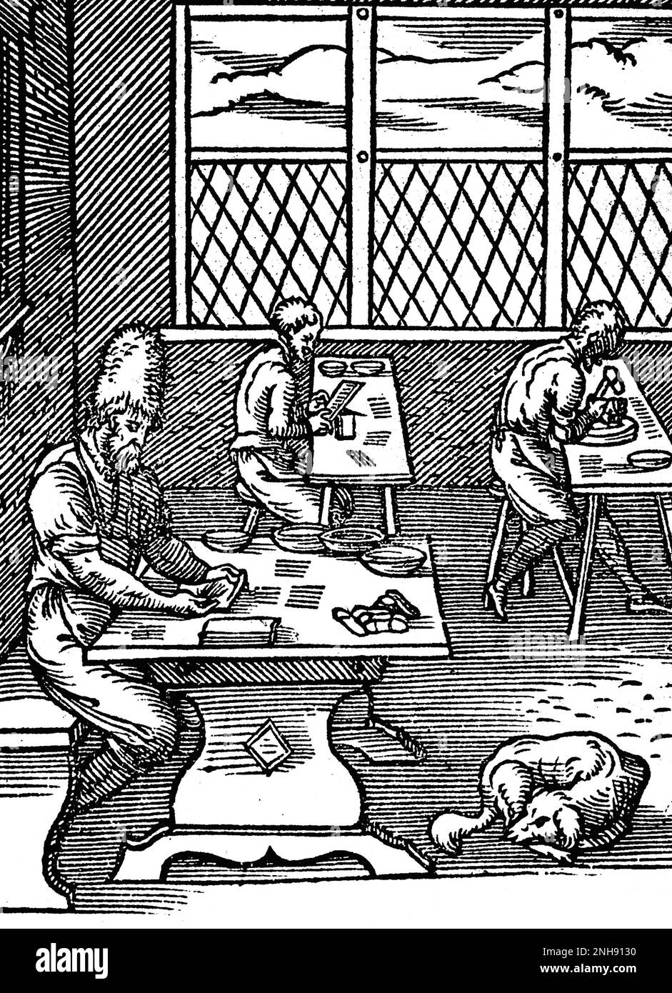 Three craftsmen making clasps. Woodcut from Jost Amman's Book of Trades, 1568. Stock Photo
