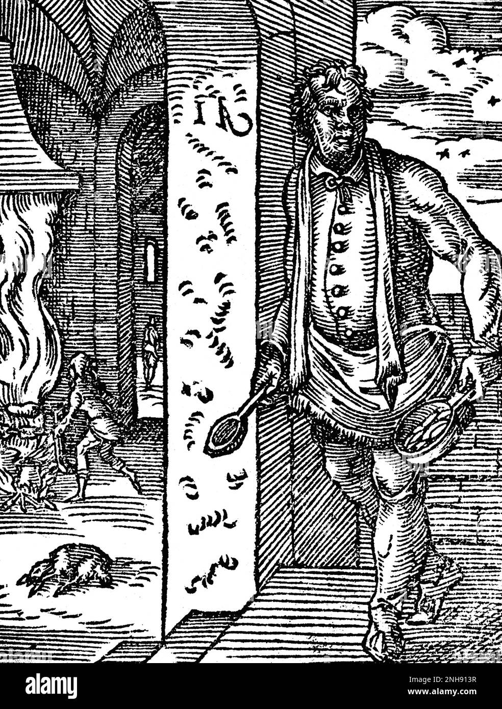 A cook holding a saucepan and wooden spoon, while in the background another cook roasts meat on a spit. Woodcut from Jost Amman's Book of Trades, 1568. Stock Photo