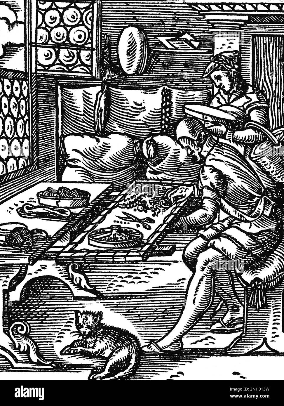 Male and female brocade-makers embroidering a fabric with gold silk and precious stones. Woodcut from Jost Amman's Book of Trades, 1568. Stock Photo