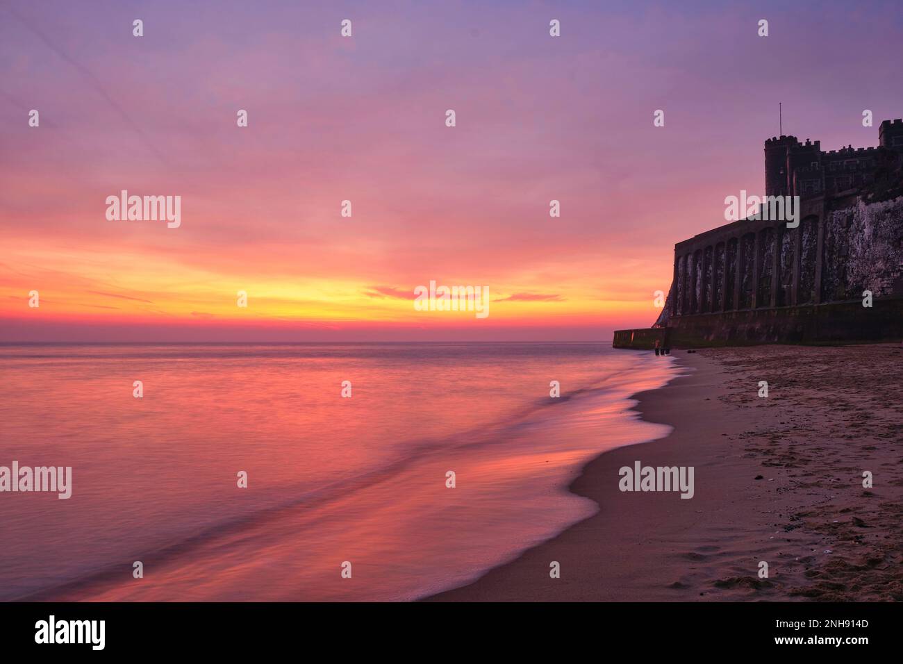 Sunrise over Kingsgate Bay with Kingsgate castle in Broadstairs, Kent