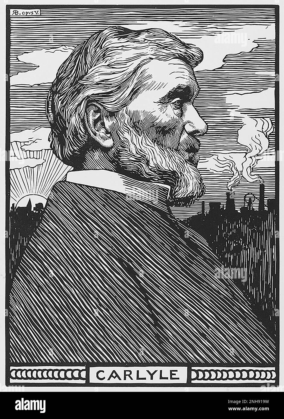 Thomas Carlyle (1795-1881), Scottish essayist and historian. Woodcut by Robert Bryden (1865-1939), a Scots artist and sculptor, from 1901. Stock Photo