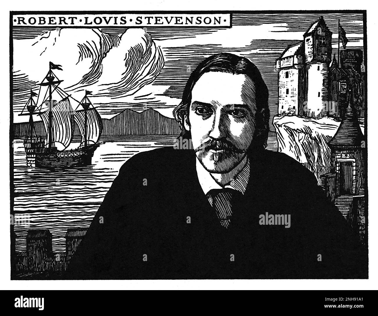 Robert Louis Stevenson (1850-1894), Scottish novelist, essayist, poet and travel writer. Woodcut by Robert Bryden (1865-1939), a Scots artist and sculptor, 1901. Stock Photo