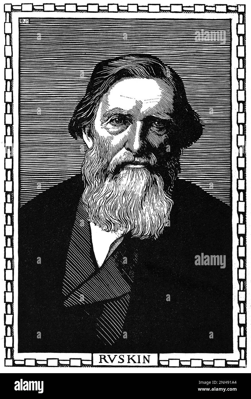 John Ruskin (1819-1900), English writer, philosopher, and art critic of the Victorian era. Woodcut by Robert Bryden (1865-1939), a Scots artist and sculptor, 1901. Stock Photo