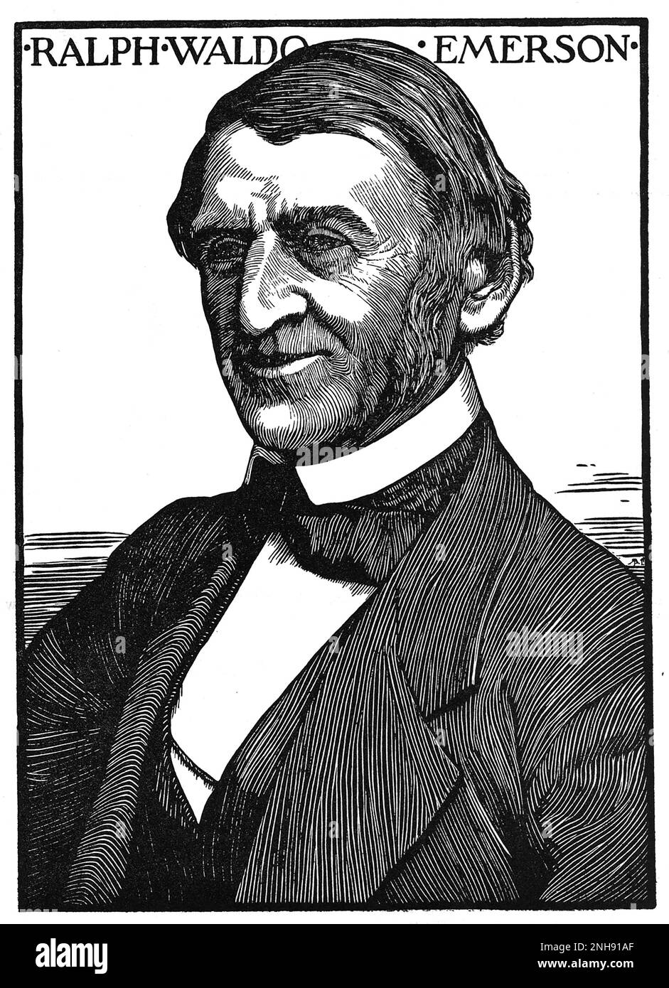 Ralph Waldo Emerson (1803-1882), American essayist, lecturer, philosopher, abolitionist, and poet who led the transcendentalist movement of the mid-19th century. Woodcut by Robert Bryden (1865-1939), a Scots artist and sculptor, 1901. Stock Photo