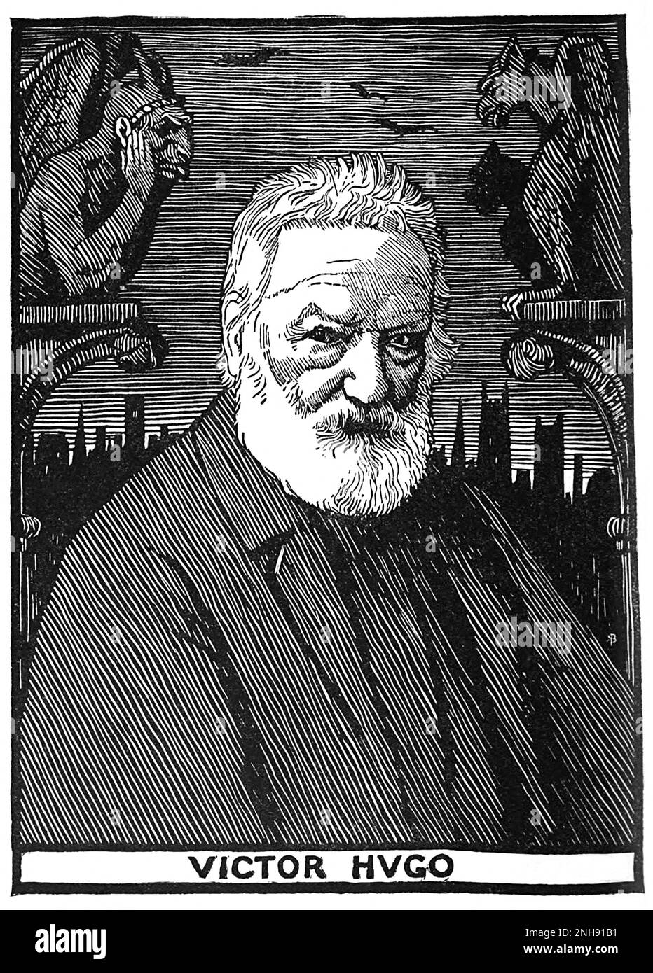 Victor Hugo (1802-1885), French poet, novelist, essayist, playwright, and dramatist of the Romantic movement. Woodcut by Robert Bryden (1865-1939), a Scots artist and sculptor, 1901. Stock Photo