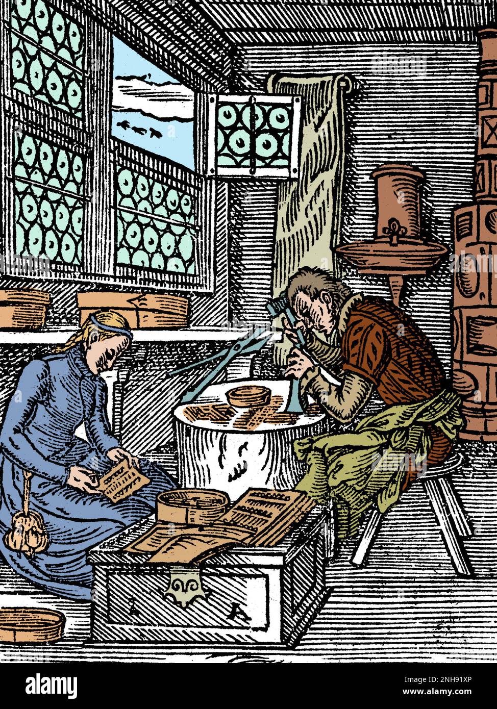 A man and a woman making pins and needles. Woodcut from Jost Amman's Book of Trades, 1568. Colorized. Stock Photo