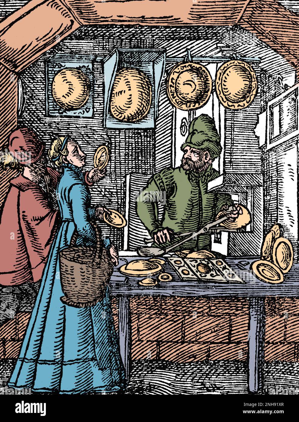 A mirror maker in his workshop, with convex mirrors on display and two customers trying out hand-held mirrors. Woodcut from Jost Amman's Book of Trades, 1568. Colorized. Stock Photo